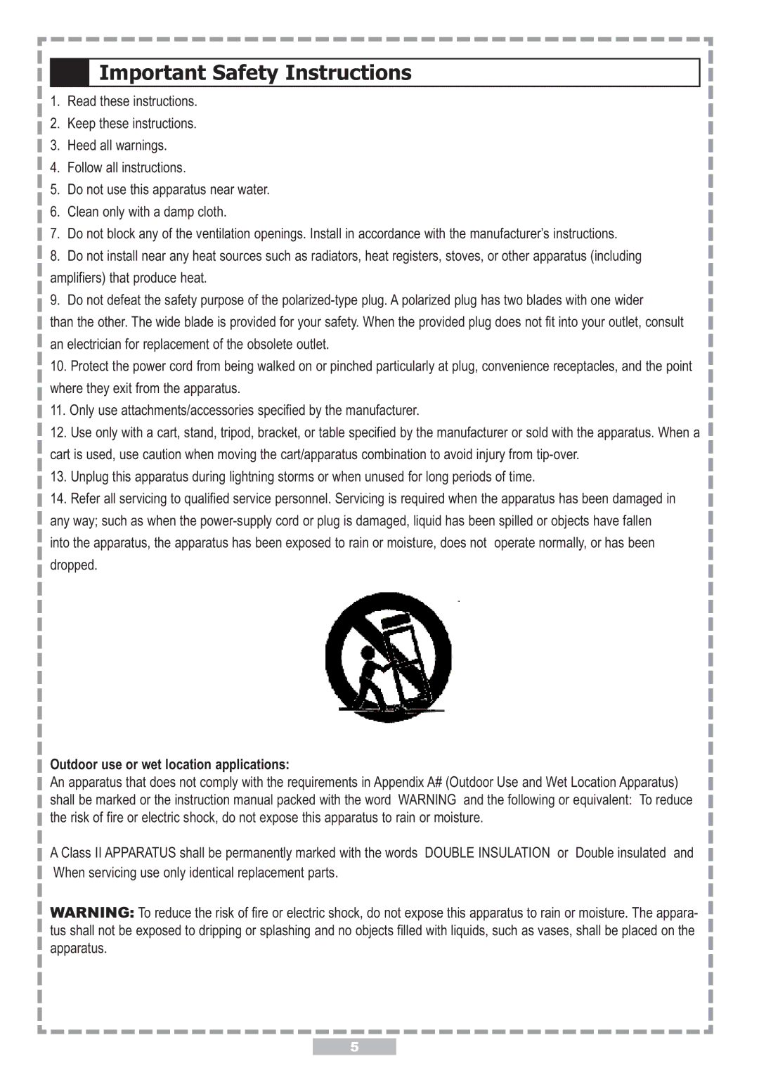 Apex Digital PD-480 user manual Important Safety Instructions, Outdoor use or wet location applications 