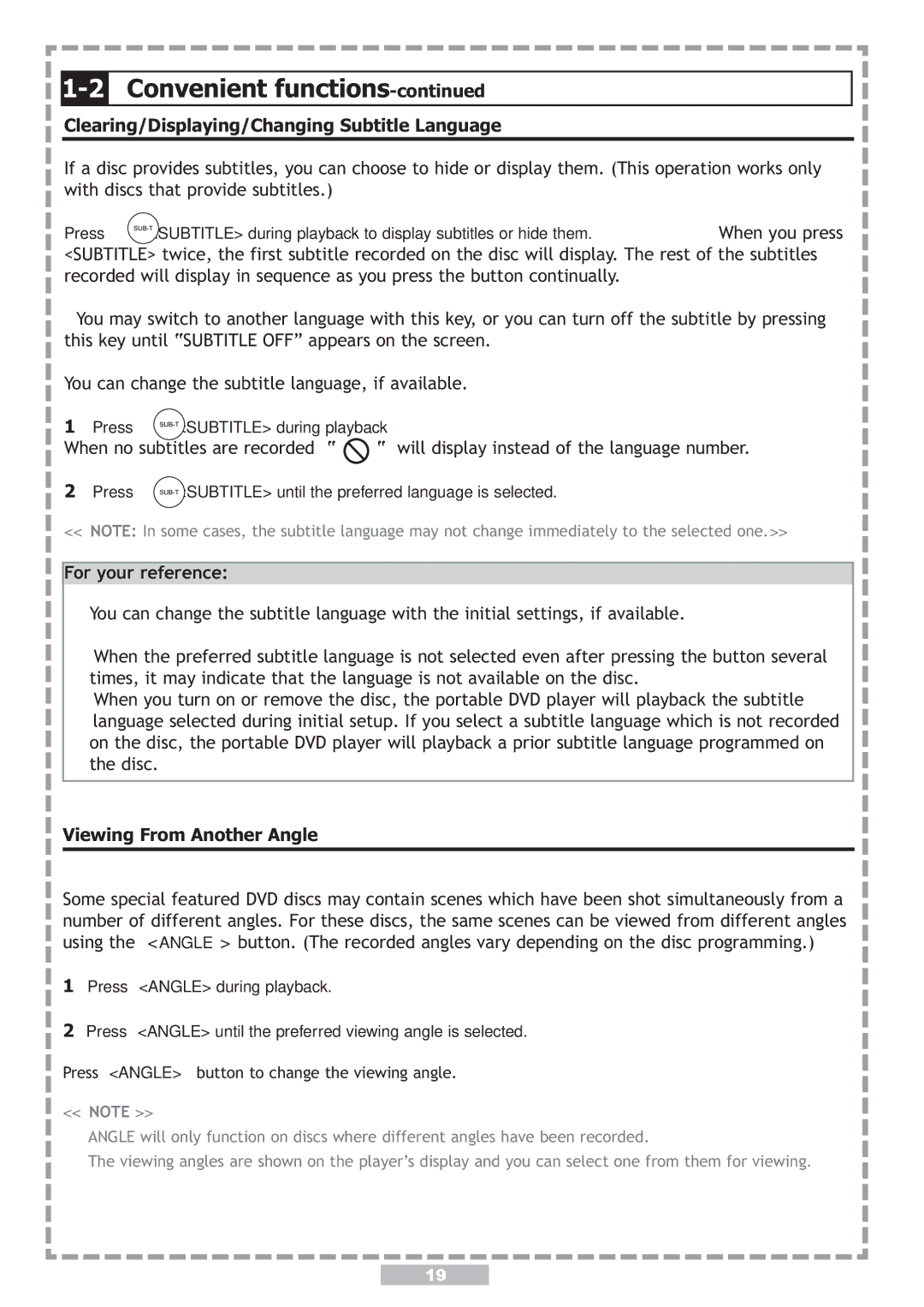 Apex Digital PD-480 Clearing/Displaying/Changing Subtitle Language, For your reference, Viewing From Another Angle 