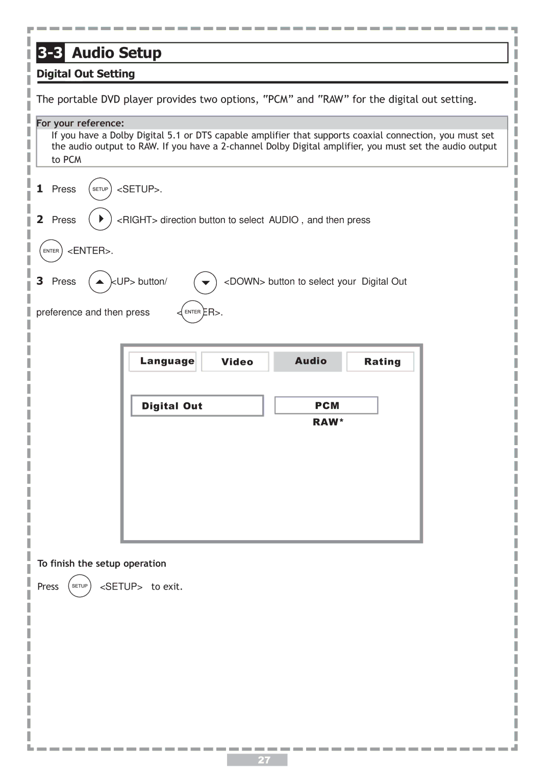 Apex Digital PD-480 user manual Audio Setup, Digital Out Setting 