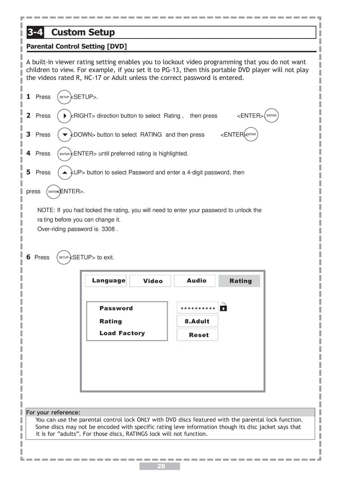 Apex Digital PD-480 user manual Custom Setup, Parental Control Setting DVD 