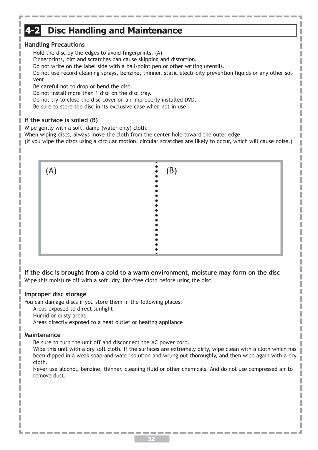 Apex Digital PD-480 Disc Handling and Maintenance, Handling Precautions, If the surface is soiled B, Improper disc storage 