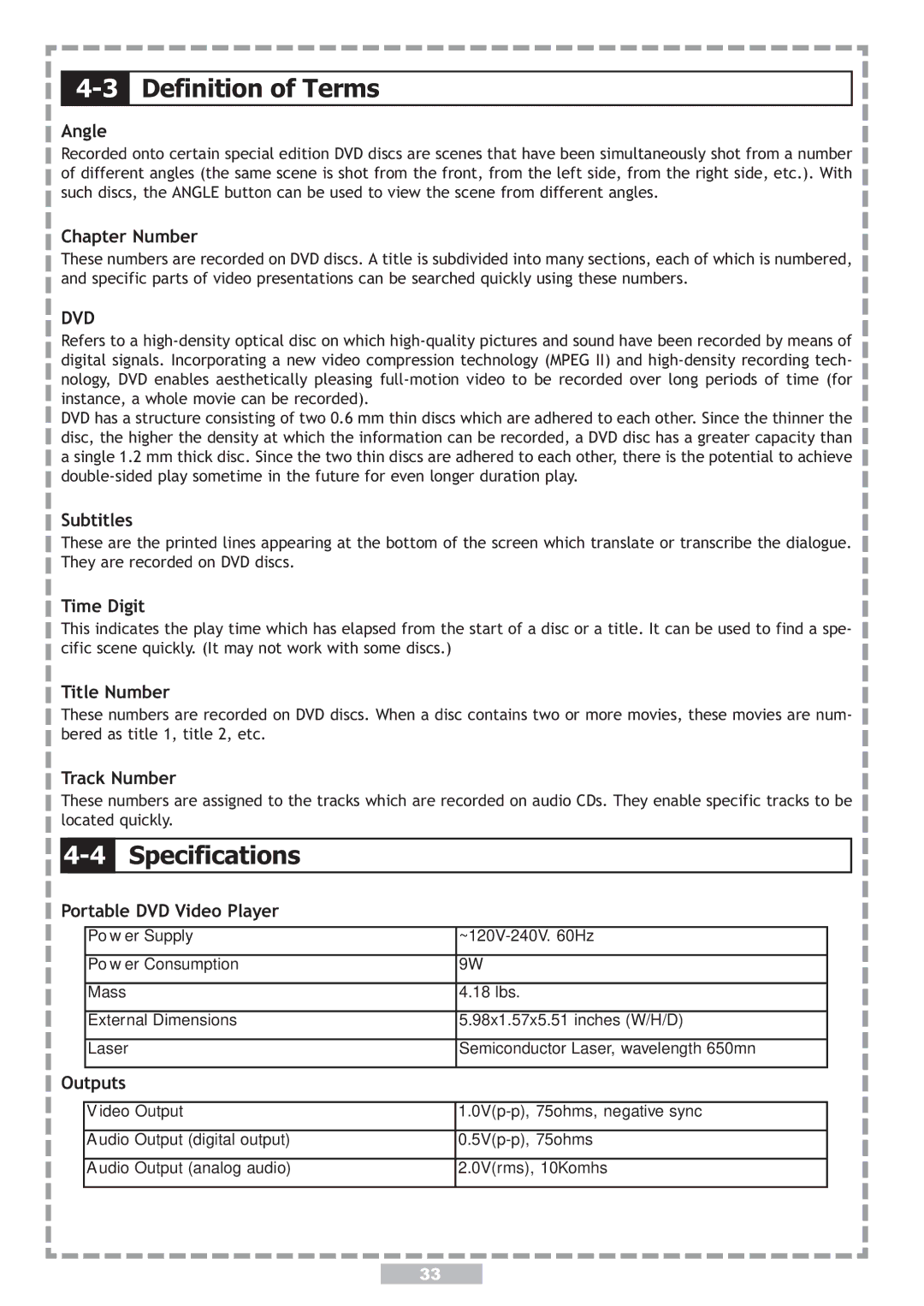 Apex Digital PD-480 user manual Definition of Terms, Specifications 