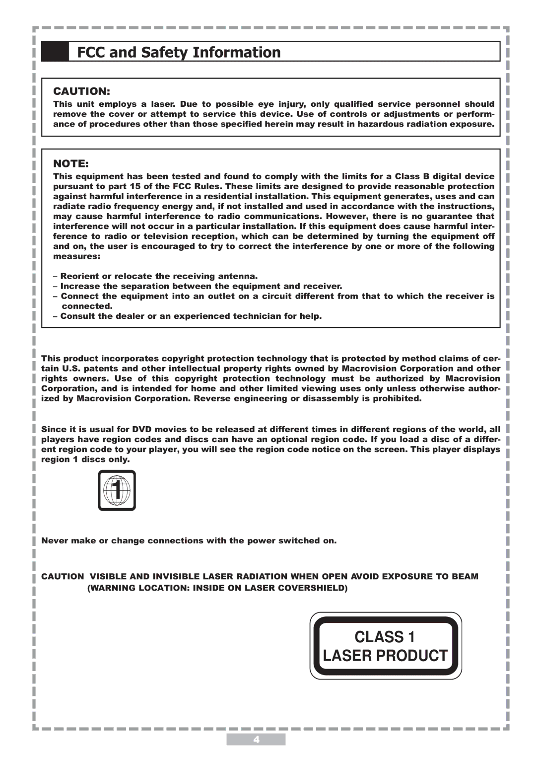 Apex Digital PD-480 user manual Class Laser Product, FCC and Safety Information 