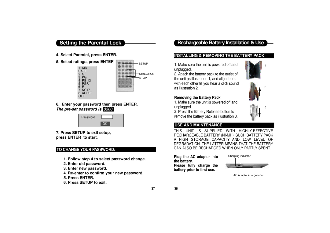 Apex Digital PD-650S Rechargeable Battery Installation & Use, Installing & Removing the Battery Pack, USE and Maintenance 