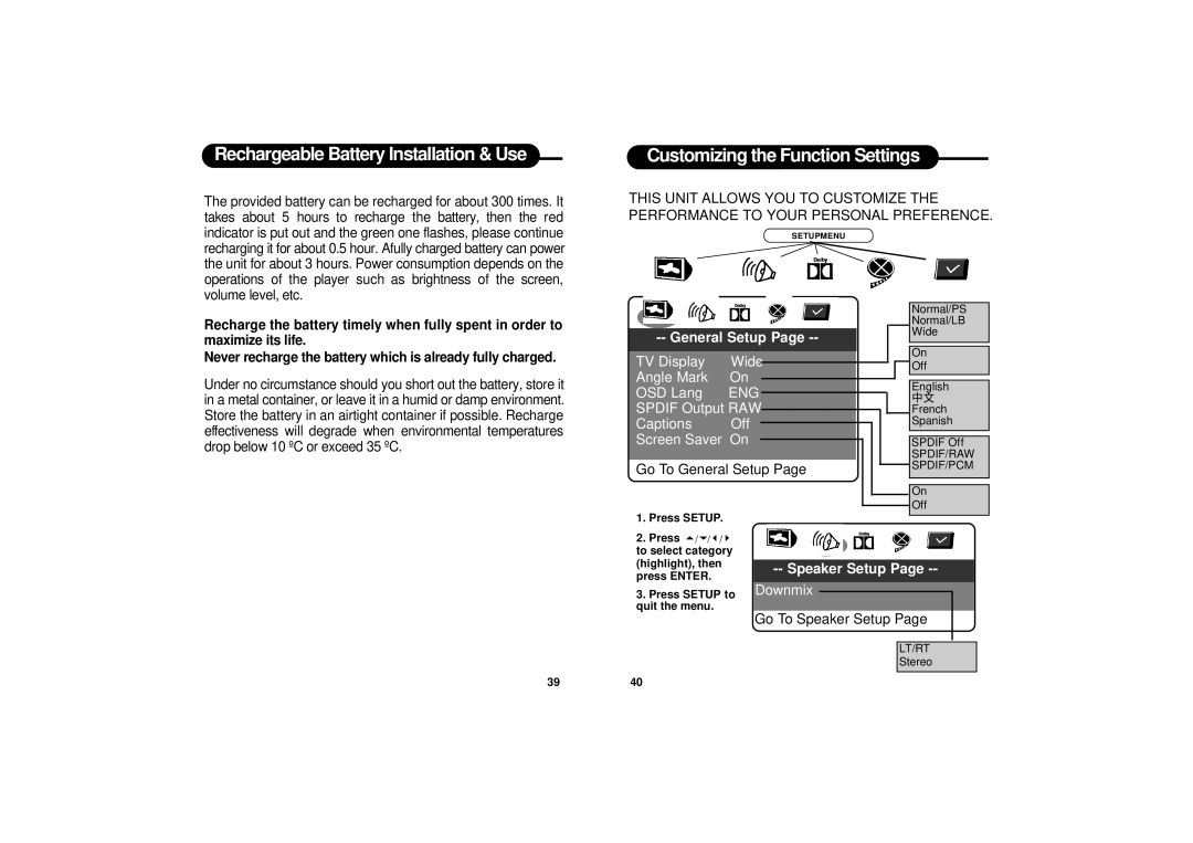 Apex Digital PD-650S manual Customizing the Function Settings, General Setup, Downmix, Go To Speaker Setup 