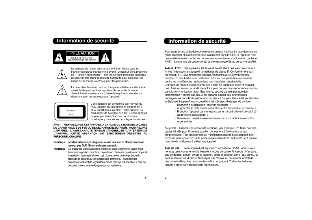 Apex Digital PD-650S manual Information de sécurité, Precaution 