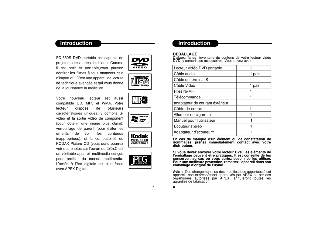 Apex Digital PD-650S manual Deballage 