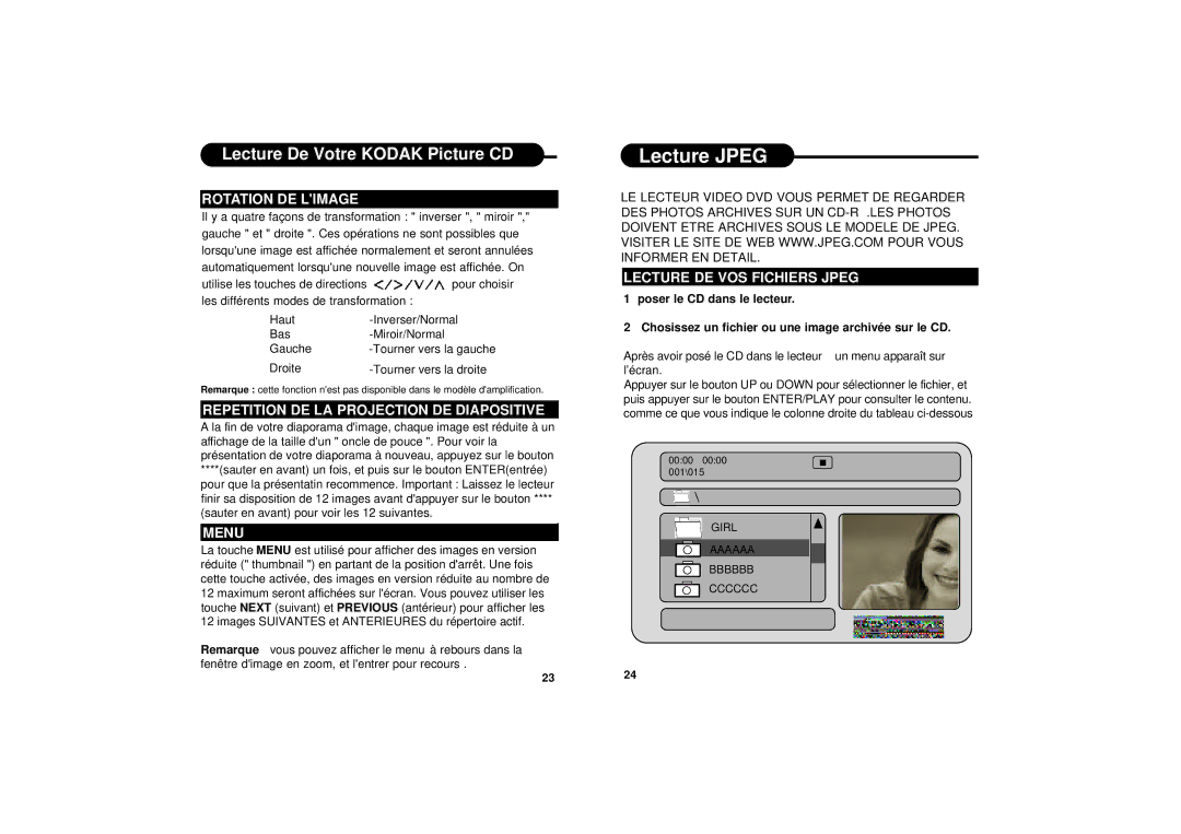 Apex Digital PD-650S manual Lecture Jpeg, Rotation DE Limage, Repetition DE LA Projection DE Diapositive 