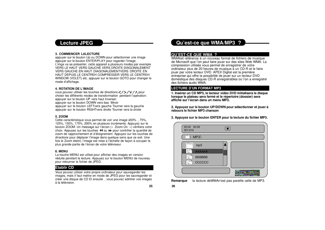 Apex Digital PD-650S manual Lecture Jpeg, Qu’est-ce que WMA/MP3 ?, Etablir CD, Qu’Est-Ce Que Wma ? 