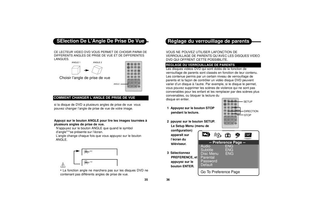 Apex Digital PD-650S manual SElection De L’Angle De Prise De Vue, Réglage du verrouillage de parents 