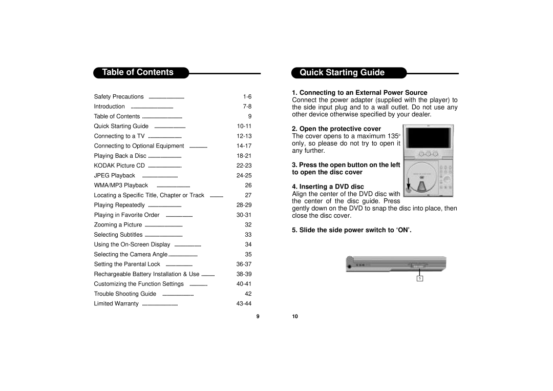 Apex Digital PD-650S manual Table of Contents, Quick Starting Guide 