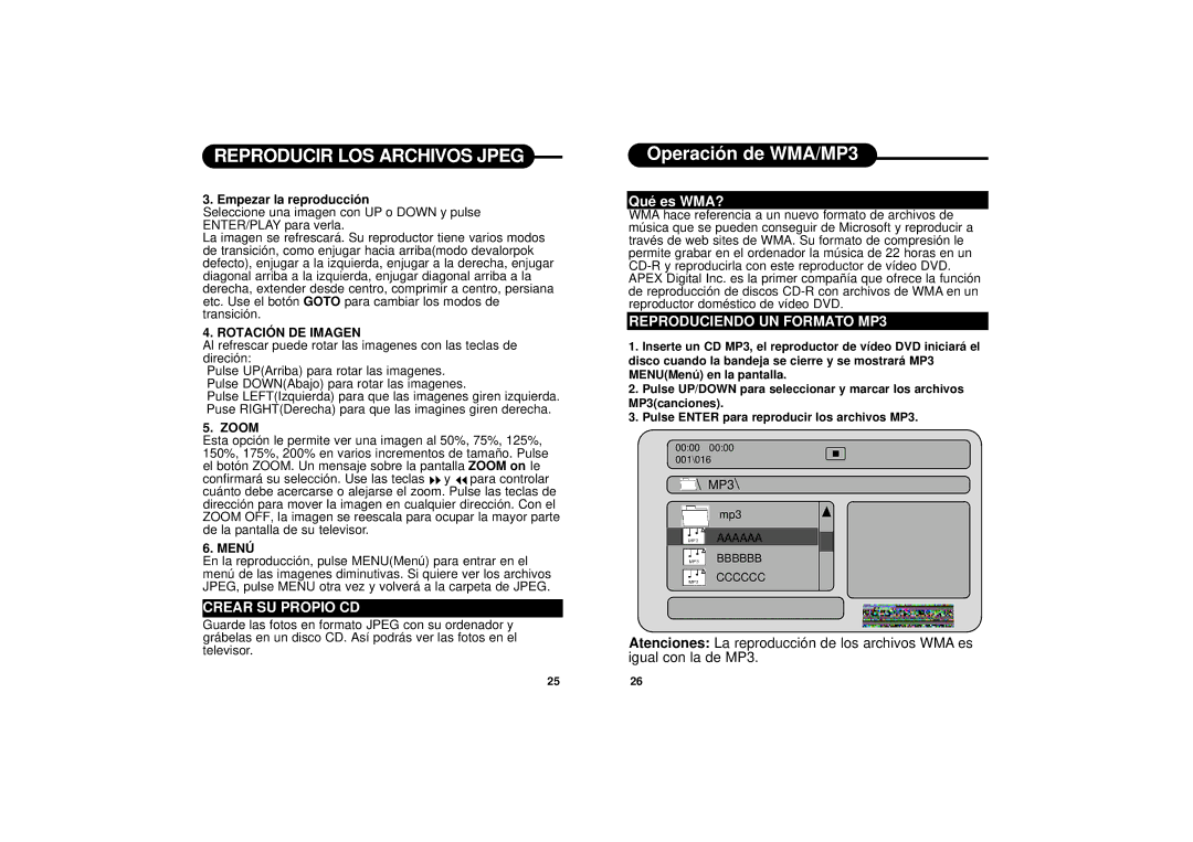 Apex Digital PD-650S manual Operación de WMA/MP3, Crear SU Propio CD, Qué es WMA?, Reproduciendo UN Formato MP3 