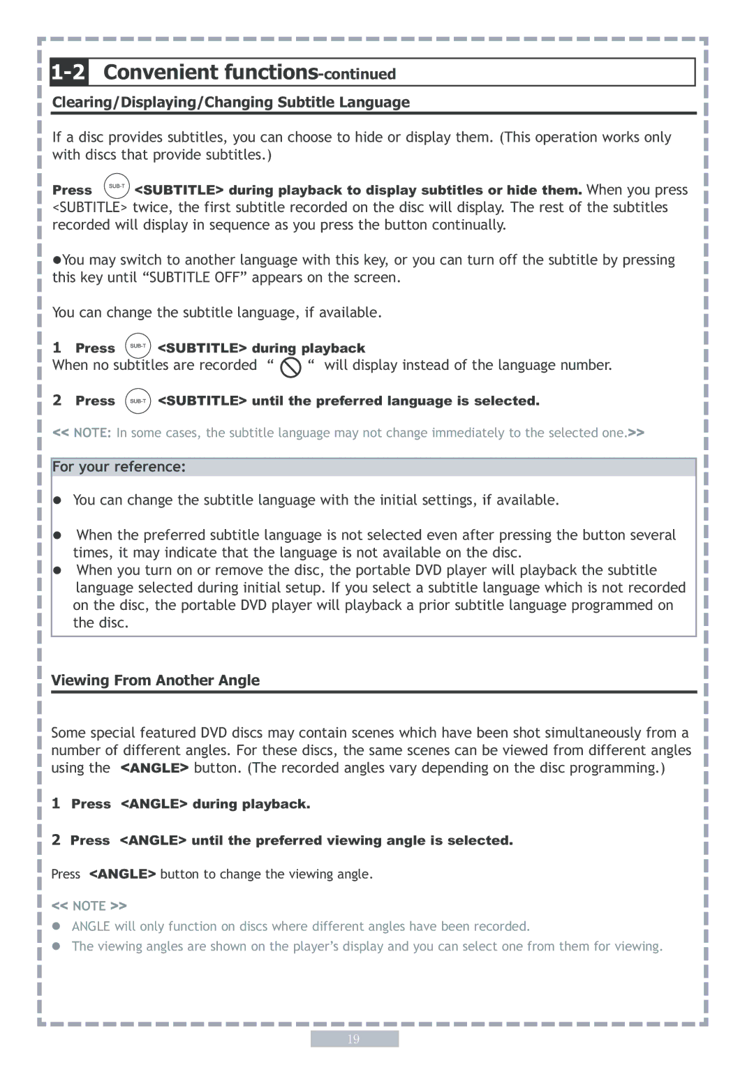 Apex Digital PD5 user manual 2Convenient functions, Clearing/Displaying/Changing Subtitle Language, For your reference 