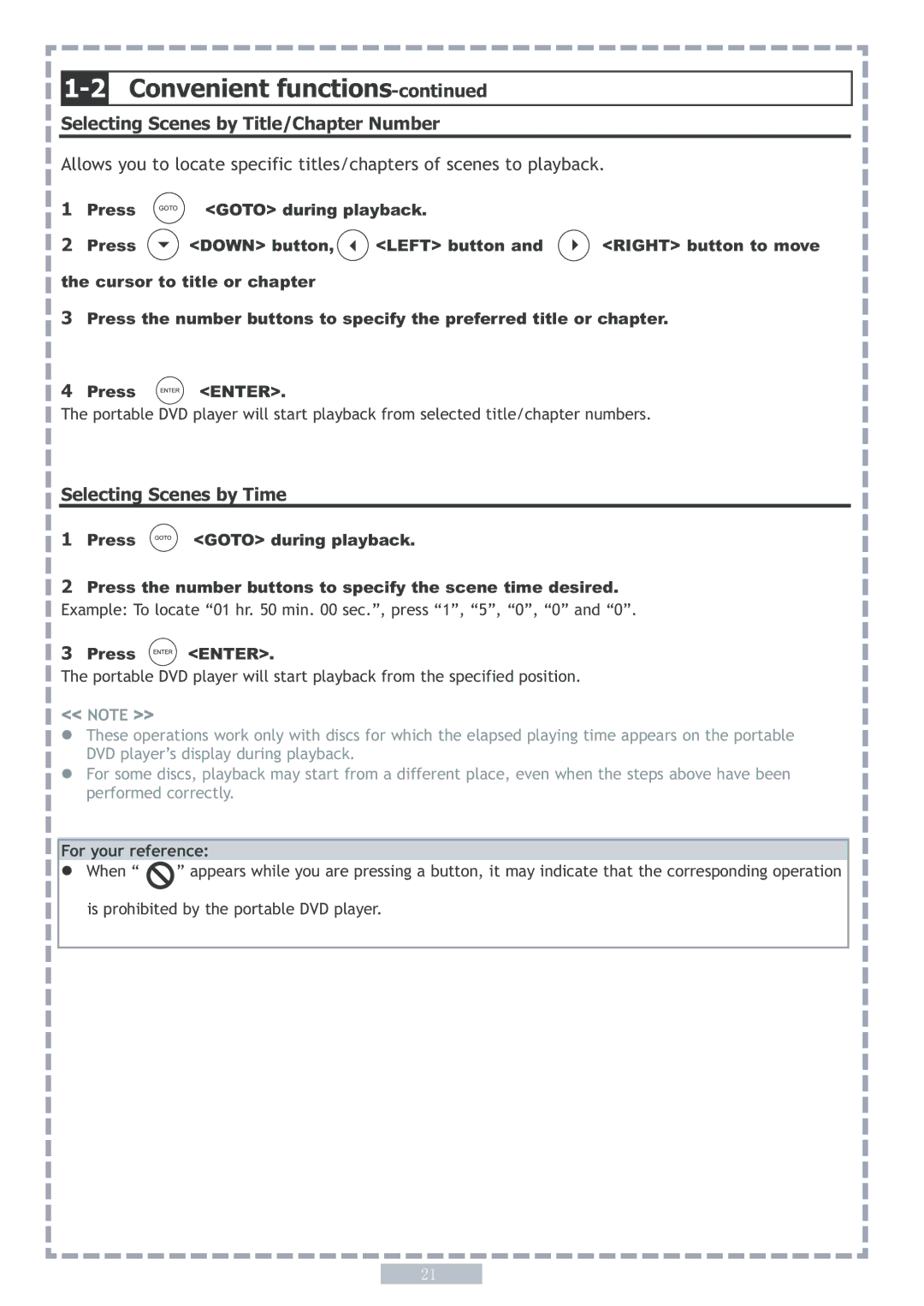 Apex Digital PD5 user manual Selecting Scenes by Title/Chapter Number, Selecting Scenes by Time 