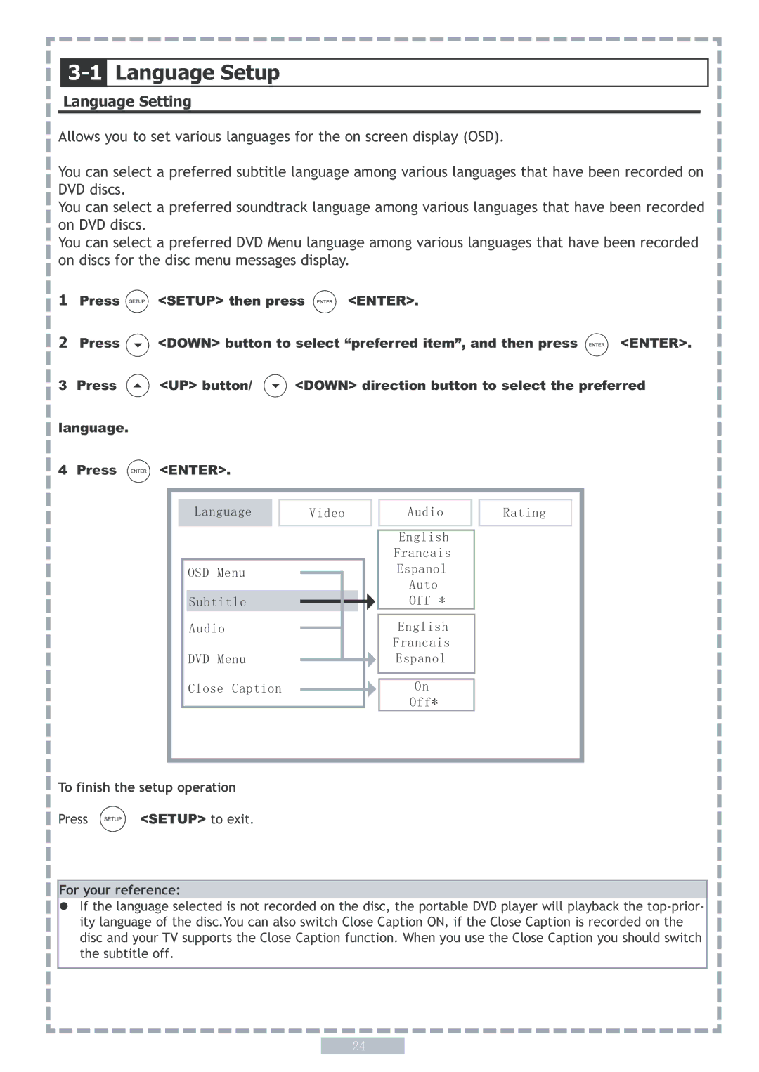 Apex Digital PD5 user manual Language Setup, Language Setting, To finish the setup operation 