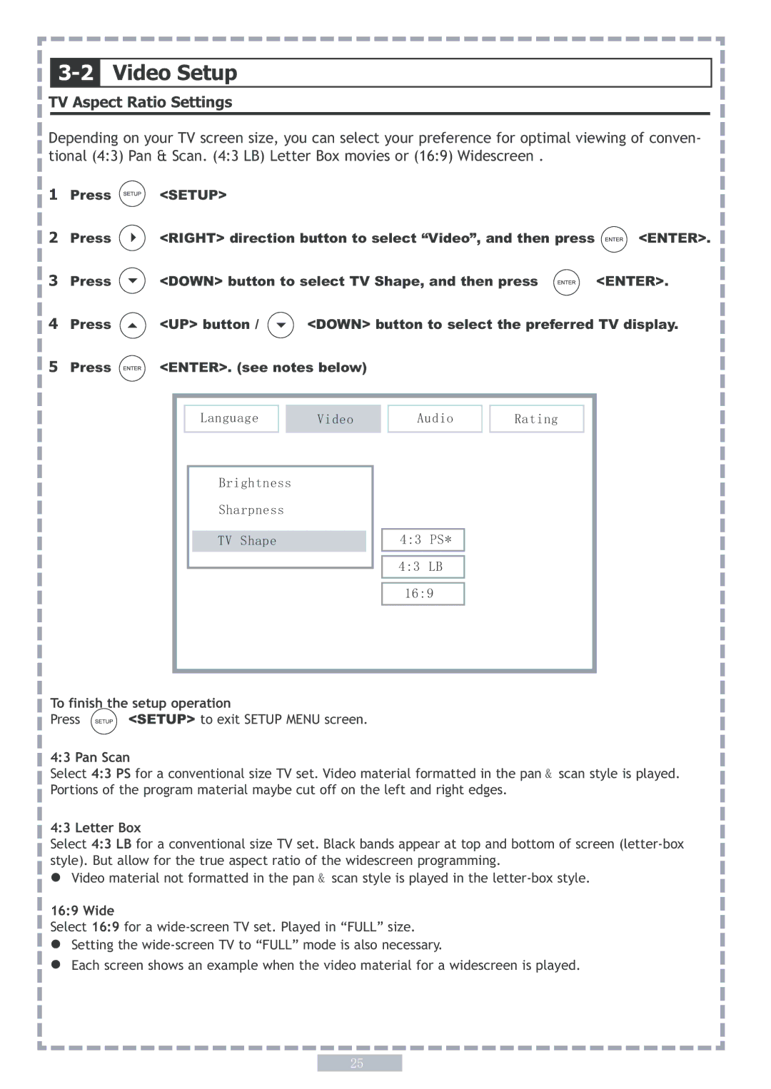 Apex Digital PD5 user manual 2Video Setup, TV Aspect Ratio Settings, Pan Scan, Letter Box, Wide 