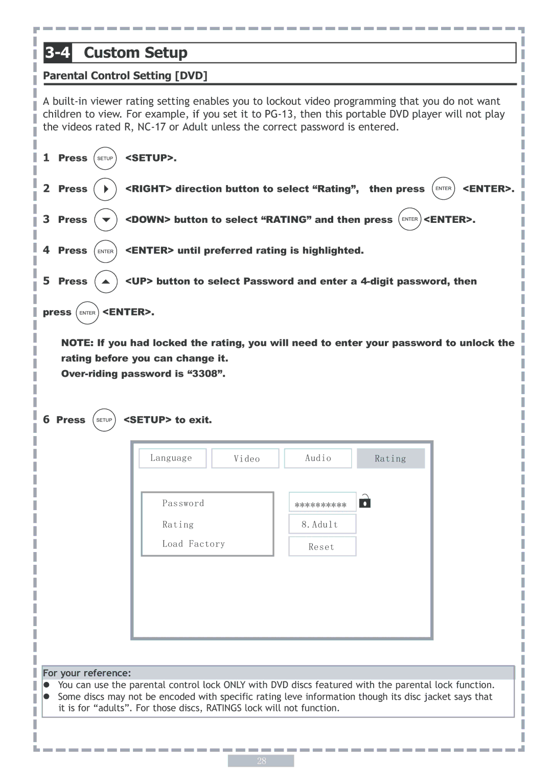 Apex Digital PD5 user manual 4Custom Setup, Parental Control Setting DVD 