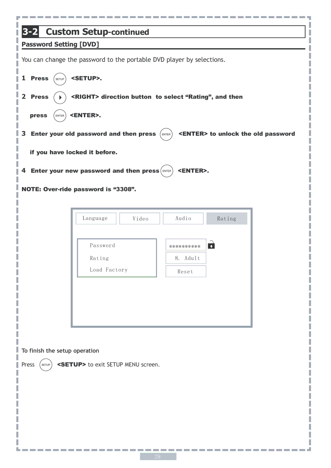 Apex Digital PD5 user manual 2Custom Setup, Password Setting DVD 