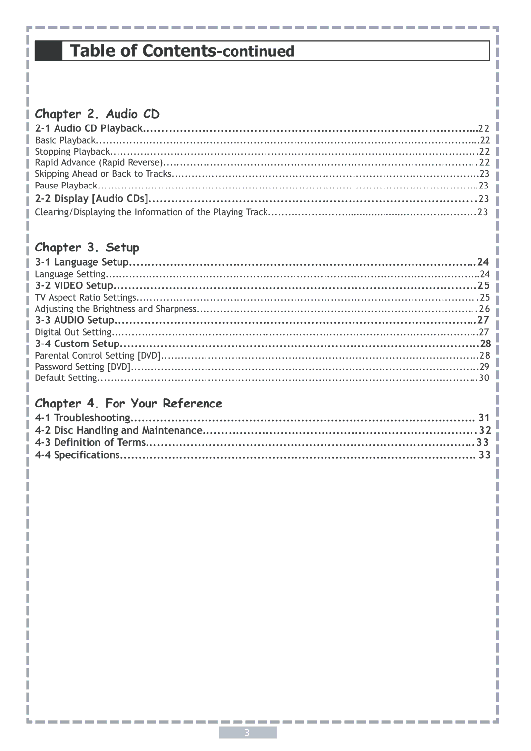 Apex Digital PD5 user manual Audio CD Playback, Display Audio CDs, Language Setup, Video Setup, Audio Setup, Custom Setup 