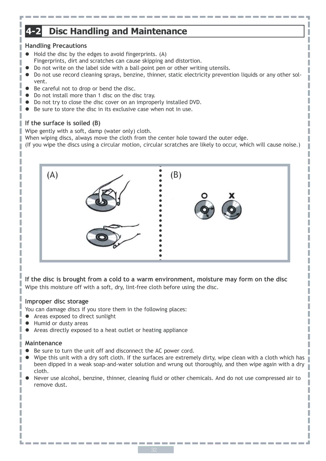 Apex Digital PD5 2Disc Handling and Maintenance, Handling Precautions, If the surface is soiled B, Improper disc storage 
