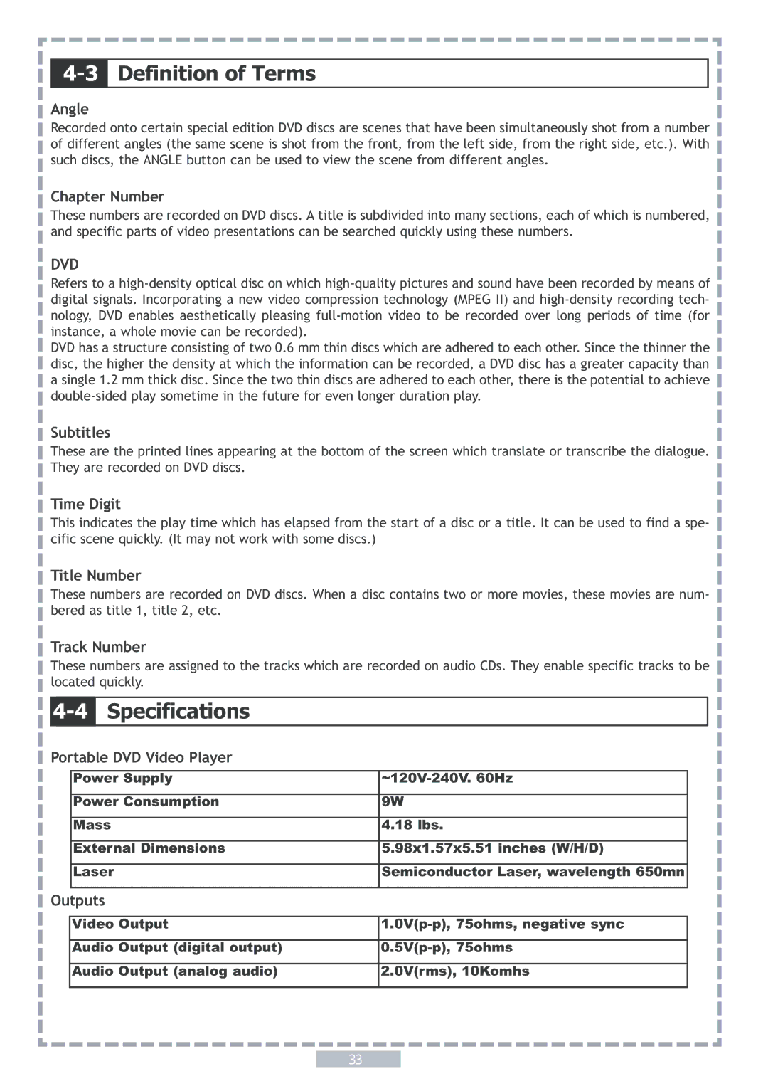 Apex Digital PD5 user manual Definition of Terms, Specifications 