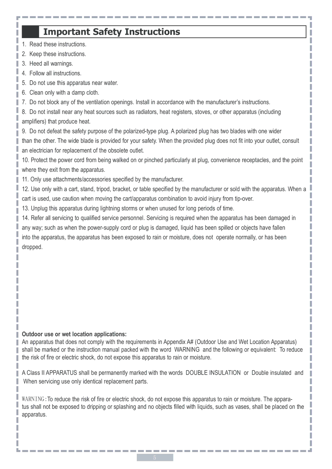 Apex Digital PD5 user manual Important Safety Instructions, Outdoor use or wet location applications 