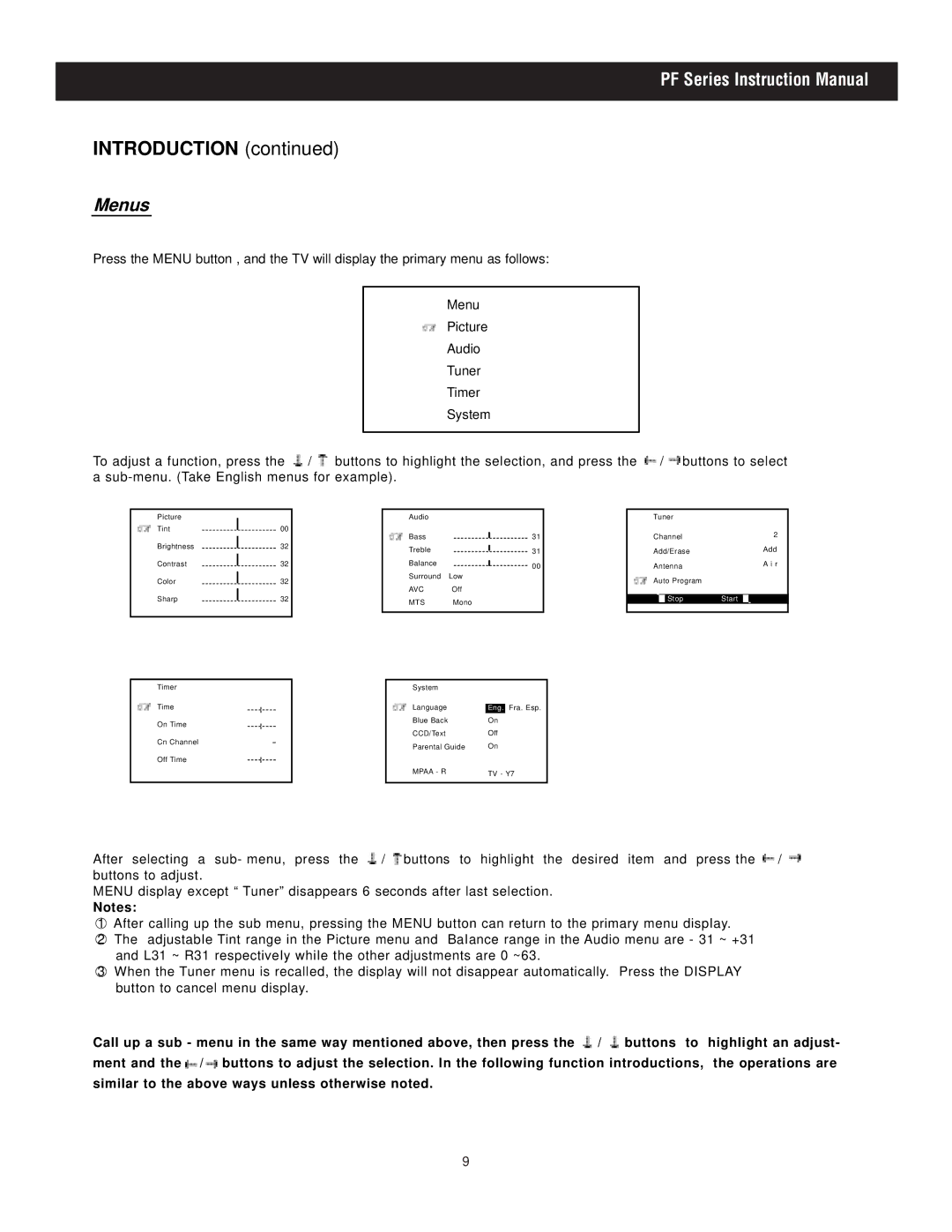 Apex Digital PF3225, PF2725, PF2425 manual Menus 