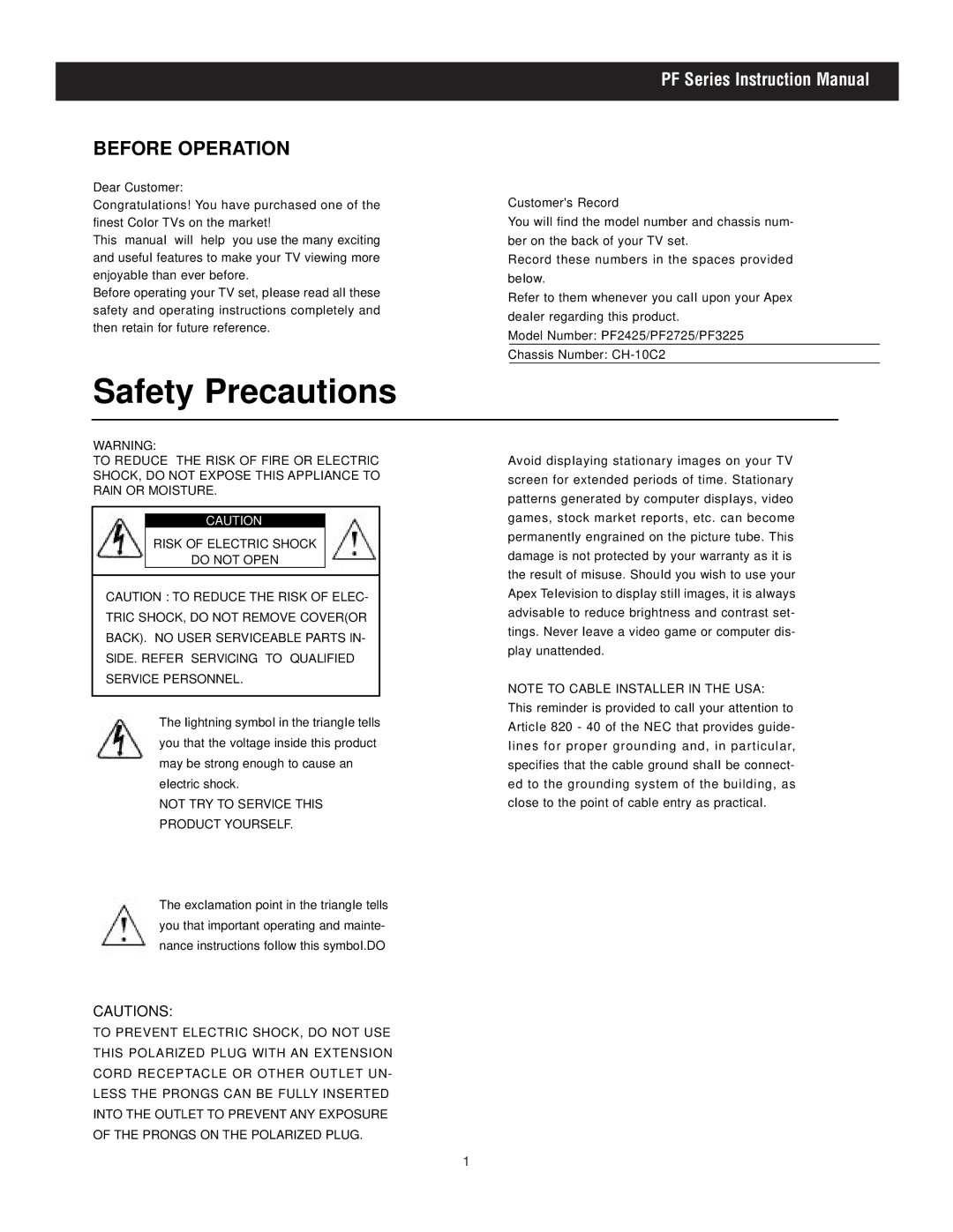 Apex Digital PF2725, PF2425 Before Operation, SHOCK, do not Expose this Appliance to, Risk of Electric Shock Do not Open 