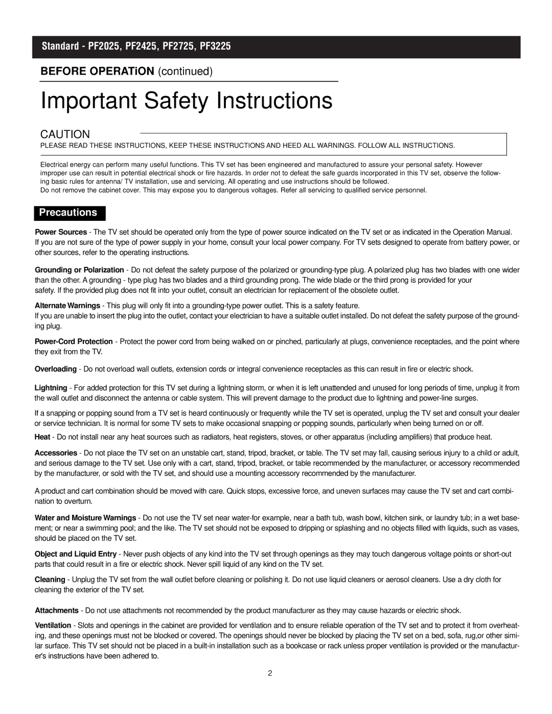 Apex Digital PF2425, PF2725, PF3225 manual Important Safety Instructions, Before OPERATiON 