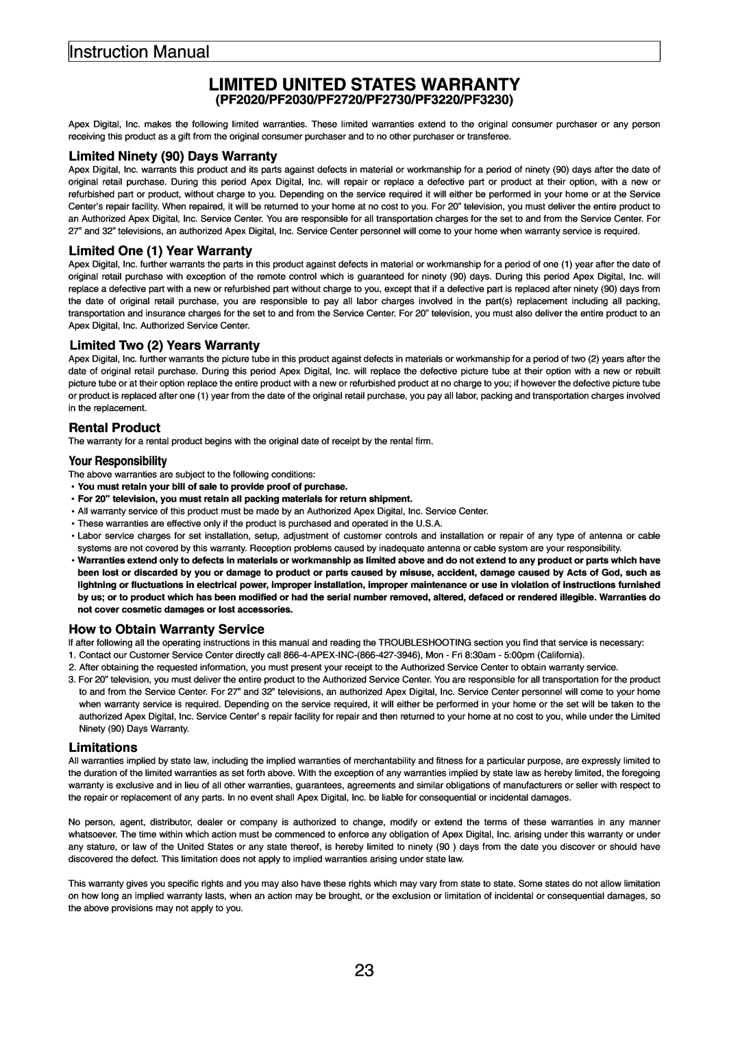 Apex Digital PF3230, PF3220, PF2030, PF2720, PF2730, PF2020 instruction manual 