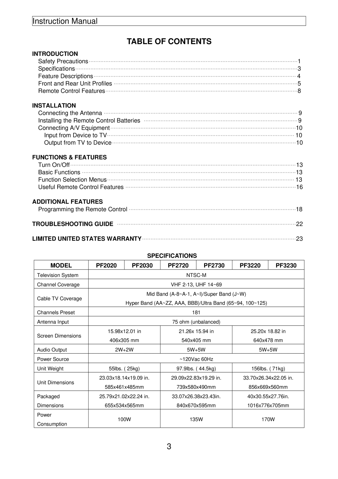 Apex Digital PF2730, PF3230, PF3220, PF2030, PF2720, PF2020 instruction manual Table of Contents 