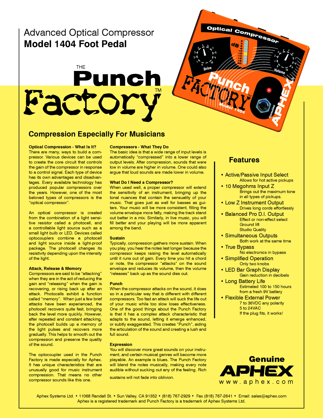 Aphex Systems 1404 manual Punch, Compression Especially For Musicians, Features 