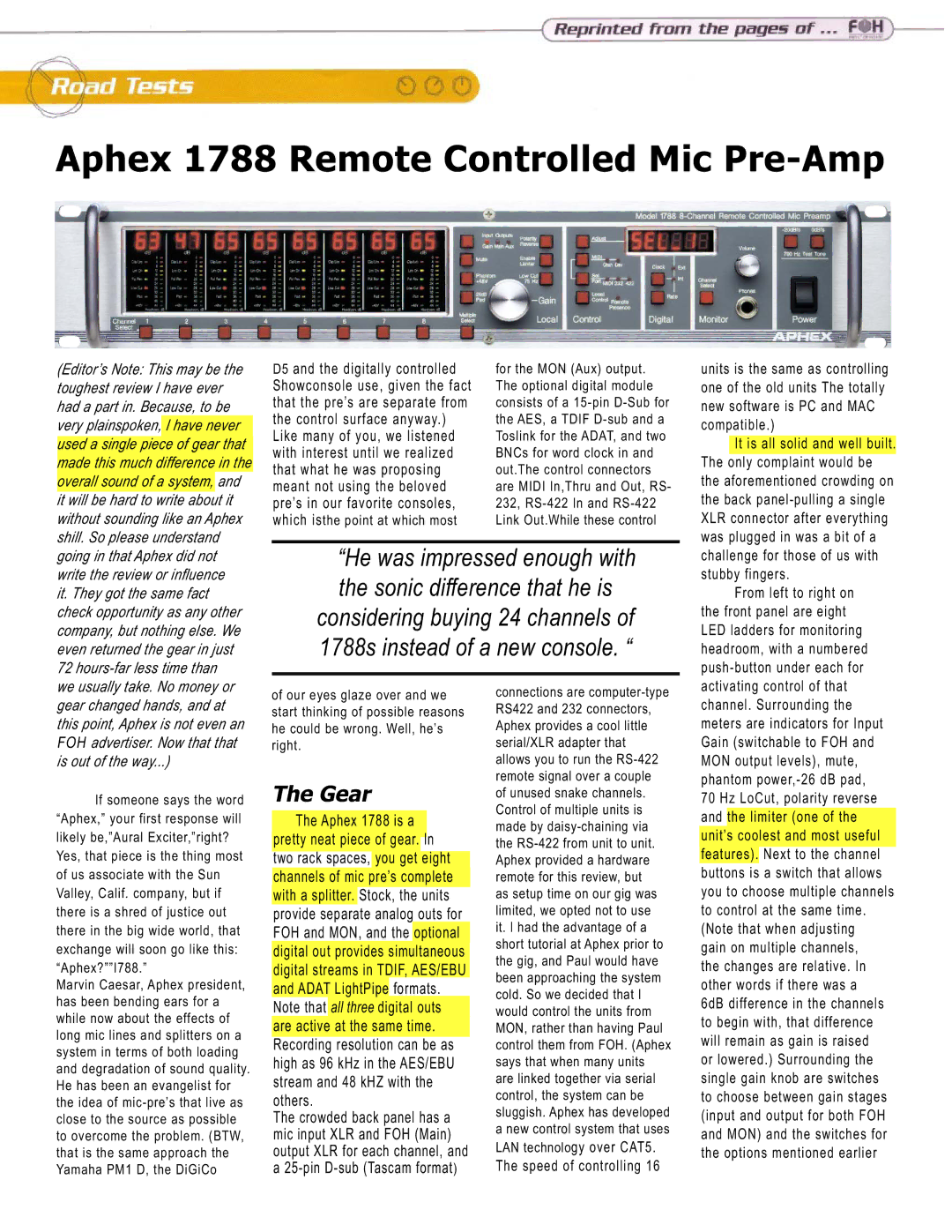 Aphex Systems manual Aphex 1788 Remote Controlled Mic Pre-Amp, Gear 