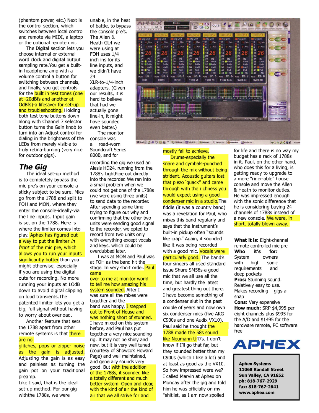 Aphex Systems 1788 manual Gig, Mostly fail to achieve.Drums-especially, What it is Eight-channel remote controlled mic pre 