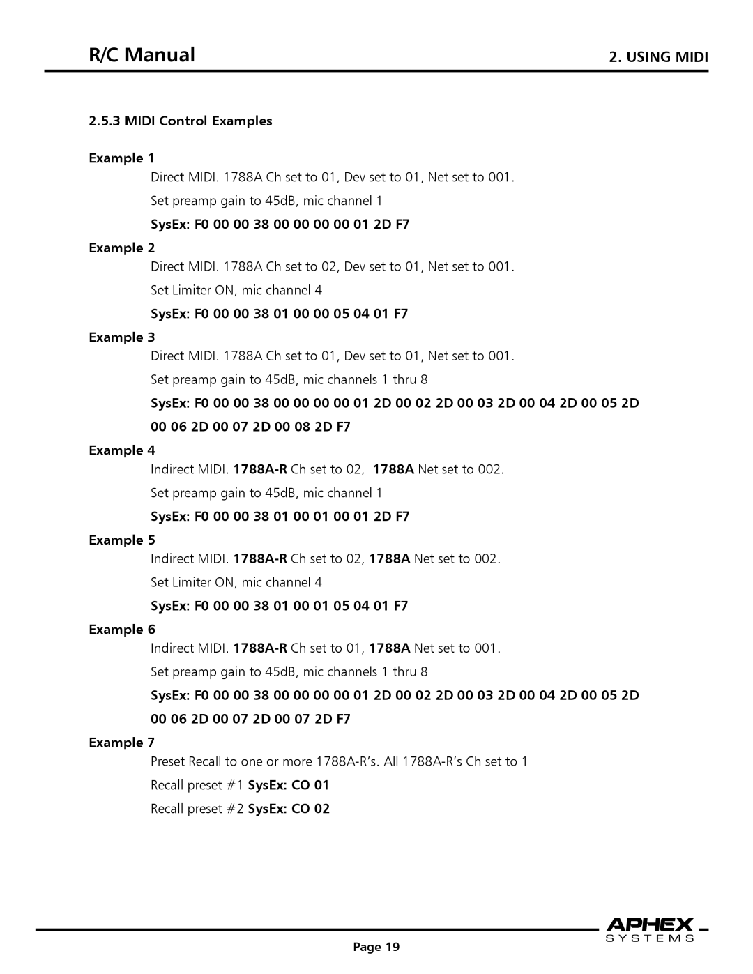 Aphex Systems 1788a instruction manual Midi Control Examples, SysEx F0 00 00 38 00 00 00 00 01 2D F7 Example 