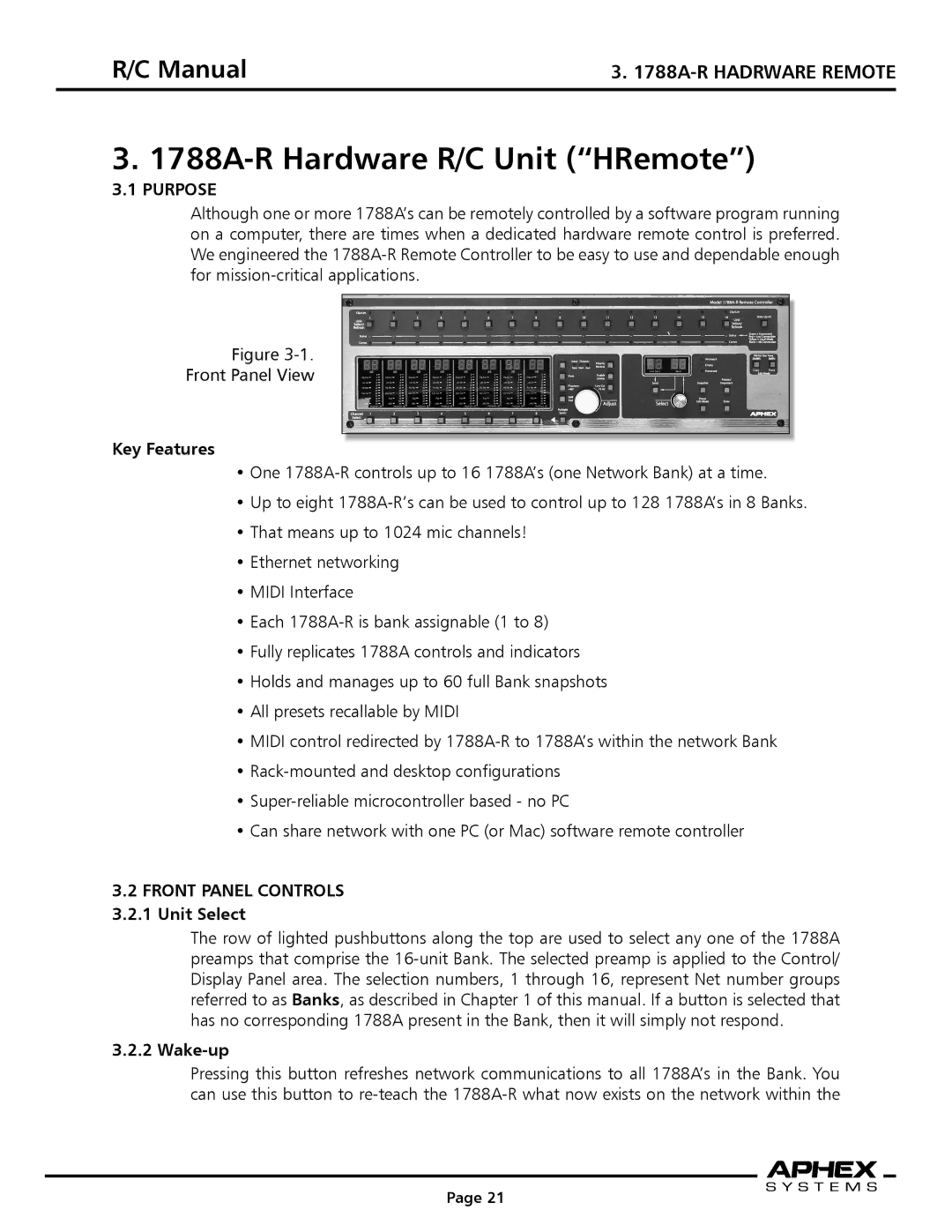 Aphex Systems 1788a instruction manual 1788A-R Hadrware Remote, Purpose, Front Panel Controls 