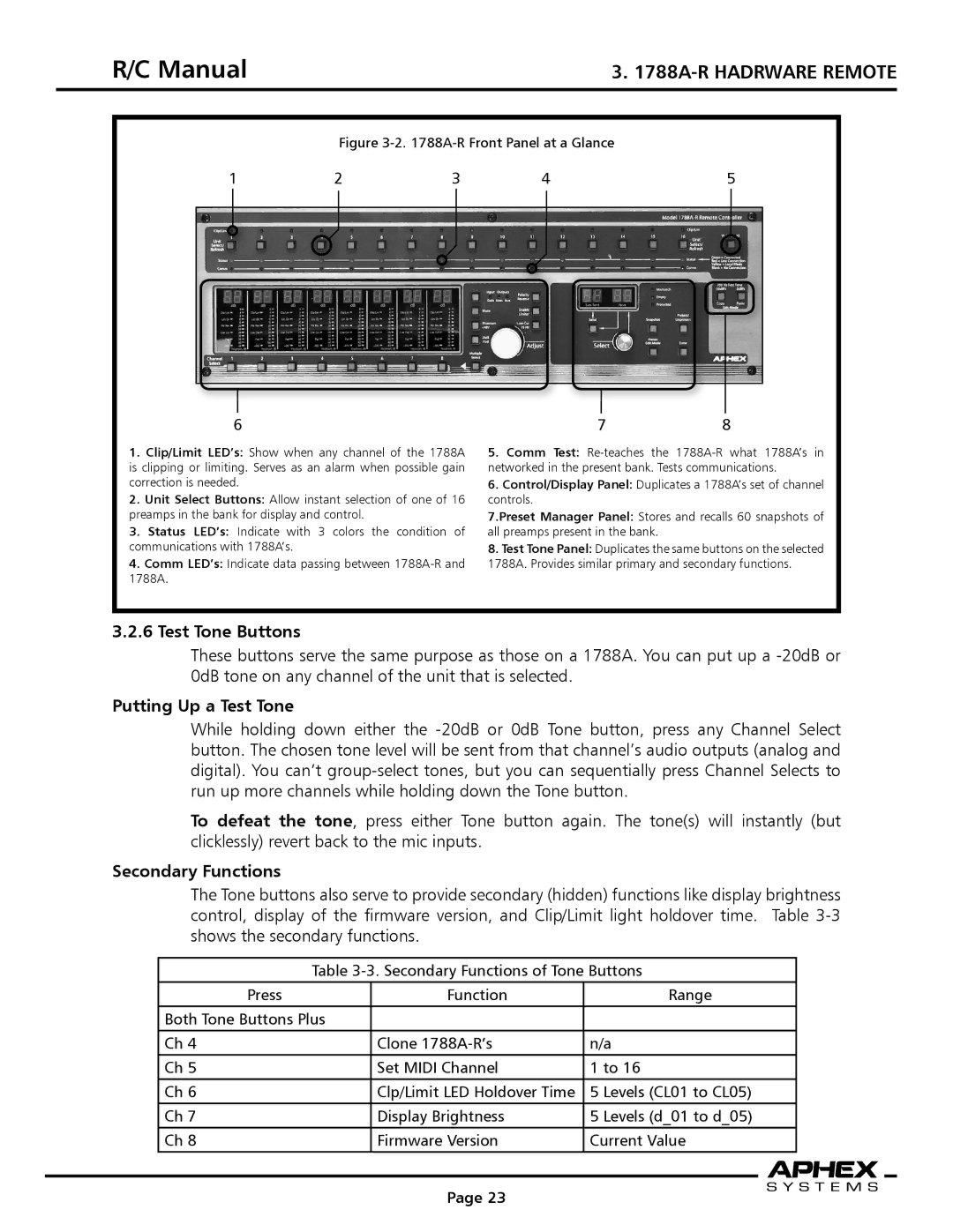 Aphex Systems 1788a instruction manual Test Tone Buttons, Putting Up a Test Tone, Secondary Functions 