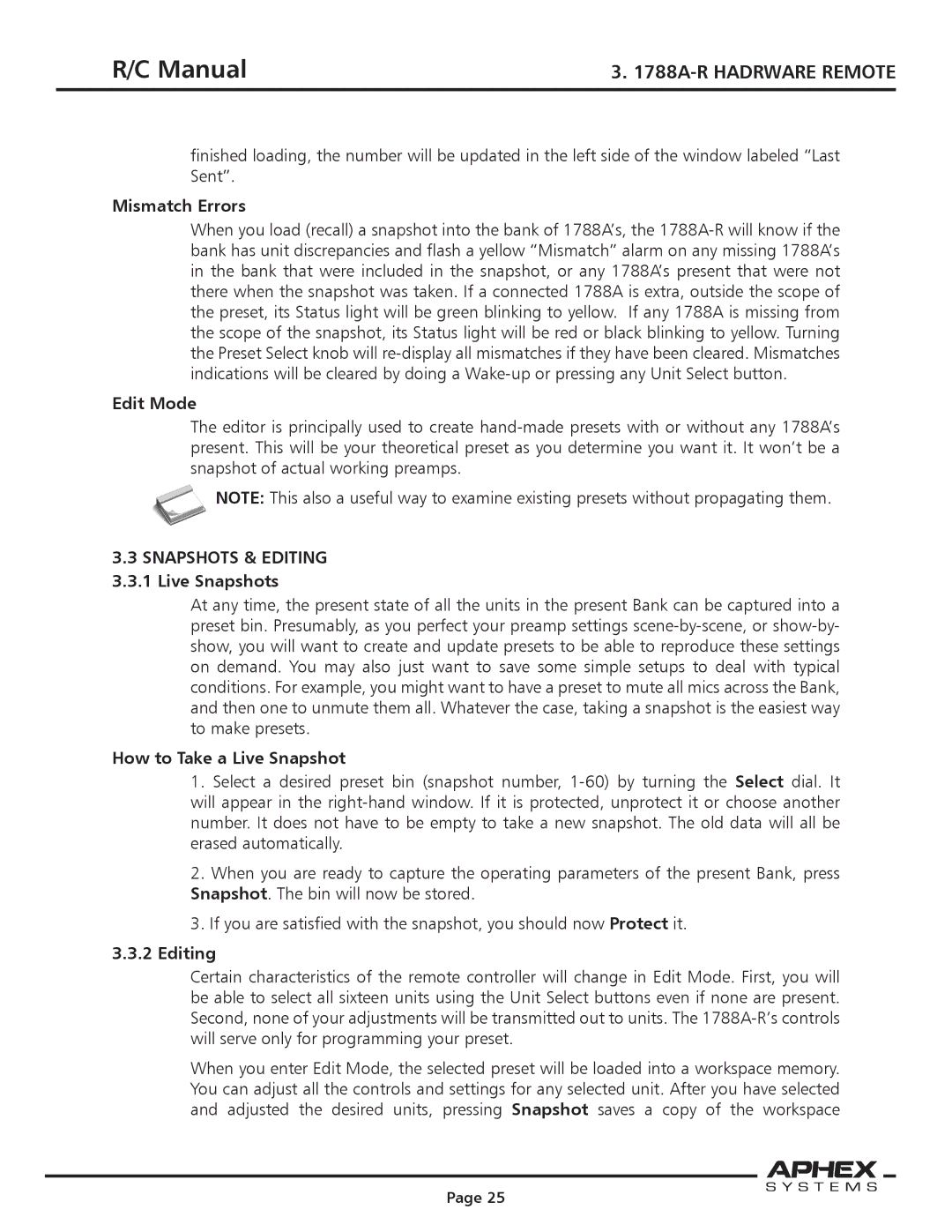 Aphex Systems 1788a instruction manual Mismatch Errors, Edit Mode, How to Take a Live Snapshot, Editing 