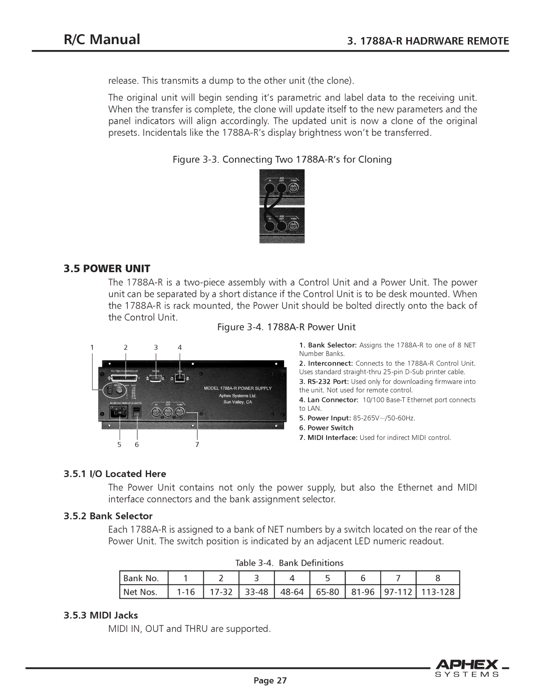 Aphex Systems 1788a instruction manual Power Unit, 1 I/O Located Here, Bank Selector, Midi Jacks 