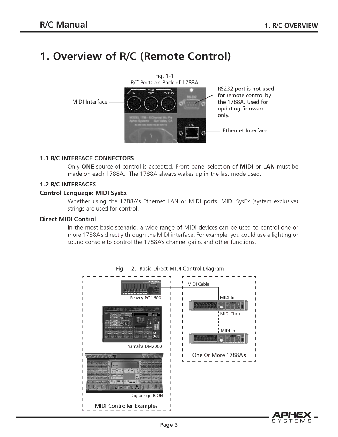 Aphex Systems 1788a C Overview, R/C Interface Connectors, R/C Interfaces, Control Language Midi SysEx, Direct Midi Control 