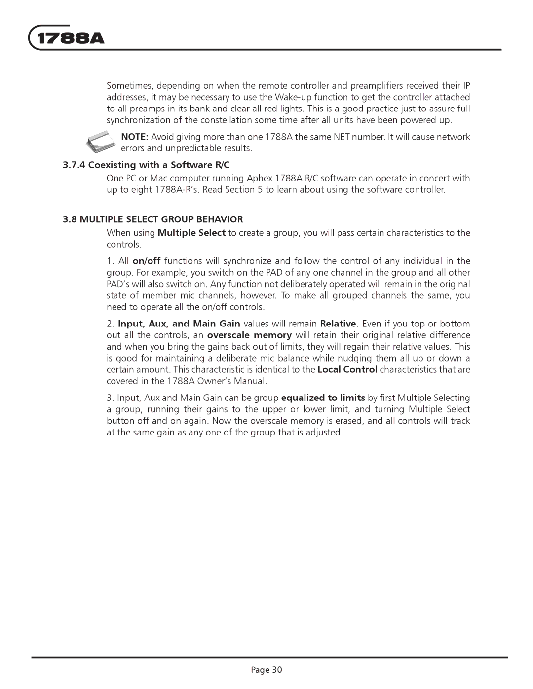 Aphex Systems 1788a instruction manual Coexisting with a Software R/C, Multiple Select Group Behavior 