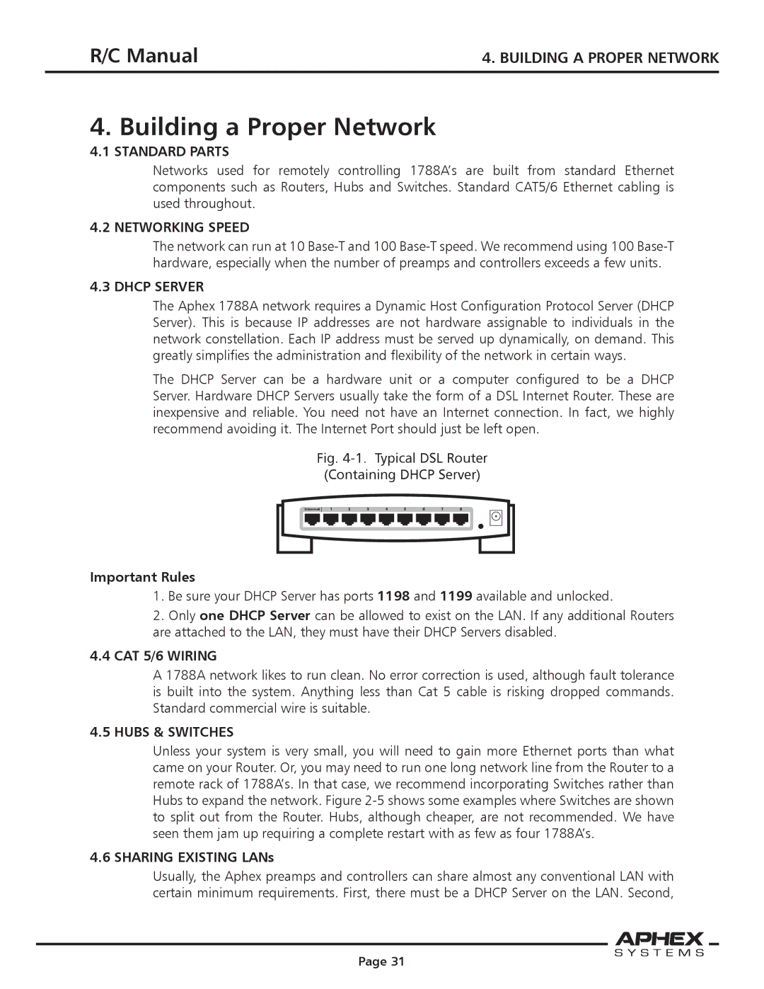 Aphex Systems 1788a Building a Proper Network, Standard Parts, Networking Speed, Dhcp Server, Hubs & Switches 