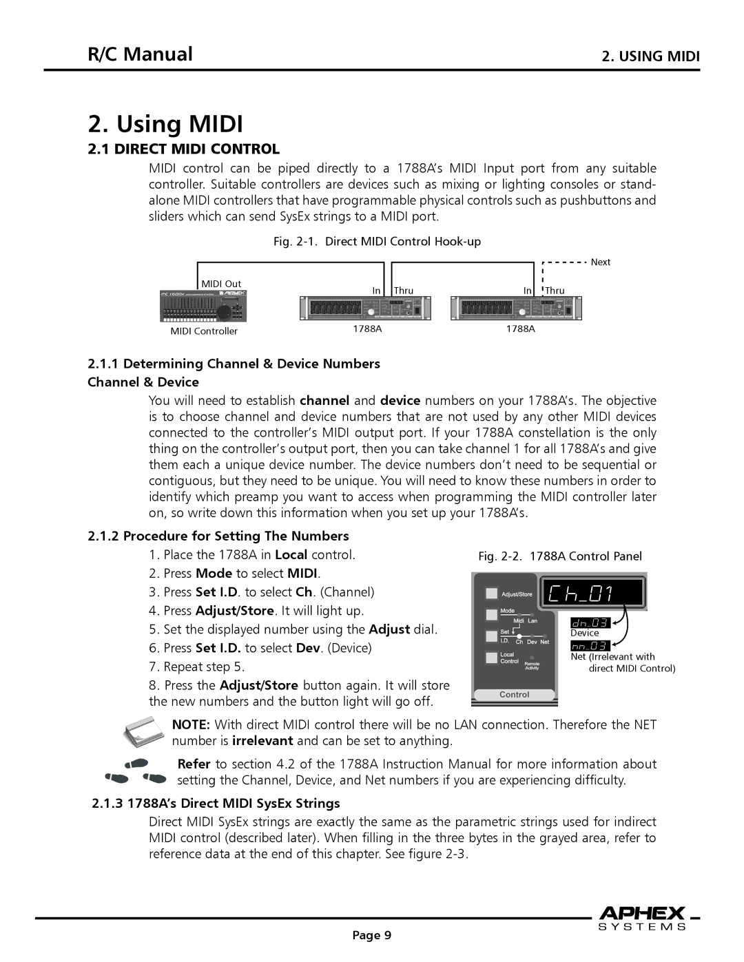 Aphex Systems 1788a Using Midi, Direct Midi Control, Determining Channel & Device Numbers Channel & Device 