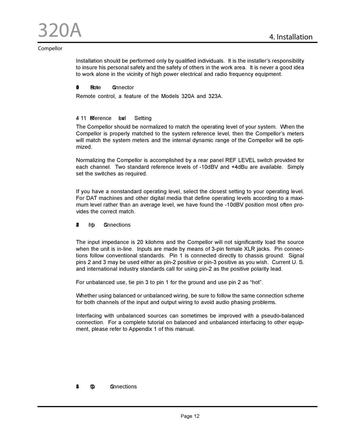Aphex Systems 320A Installation, Remote Connector, Reference Level Setting, Input Connections, Output Connections 