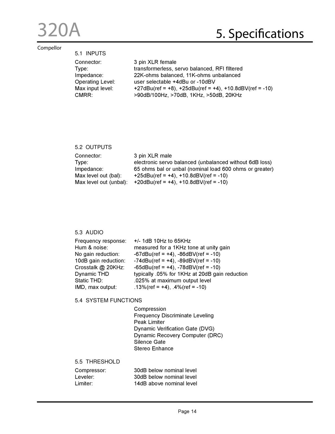 Aphex Systems 320A owner manual Specications 