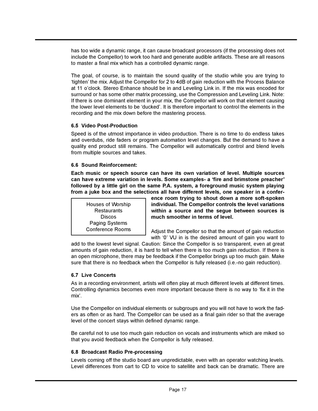 Aphex Systems 320A owner manual Video Post-Production, Live Concerts, Broadcast Radio Pre-processing 