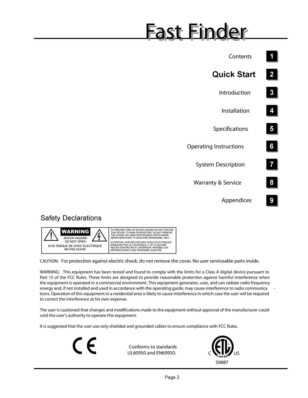 Aphex Systems 320A owner manual Fast Finderi, Safety Declarations 