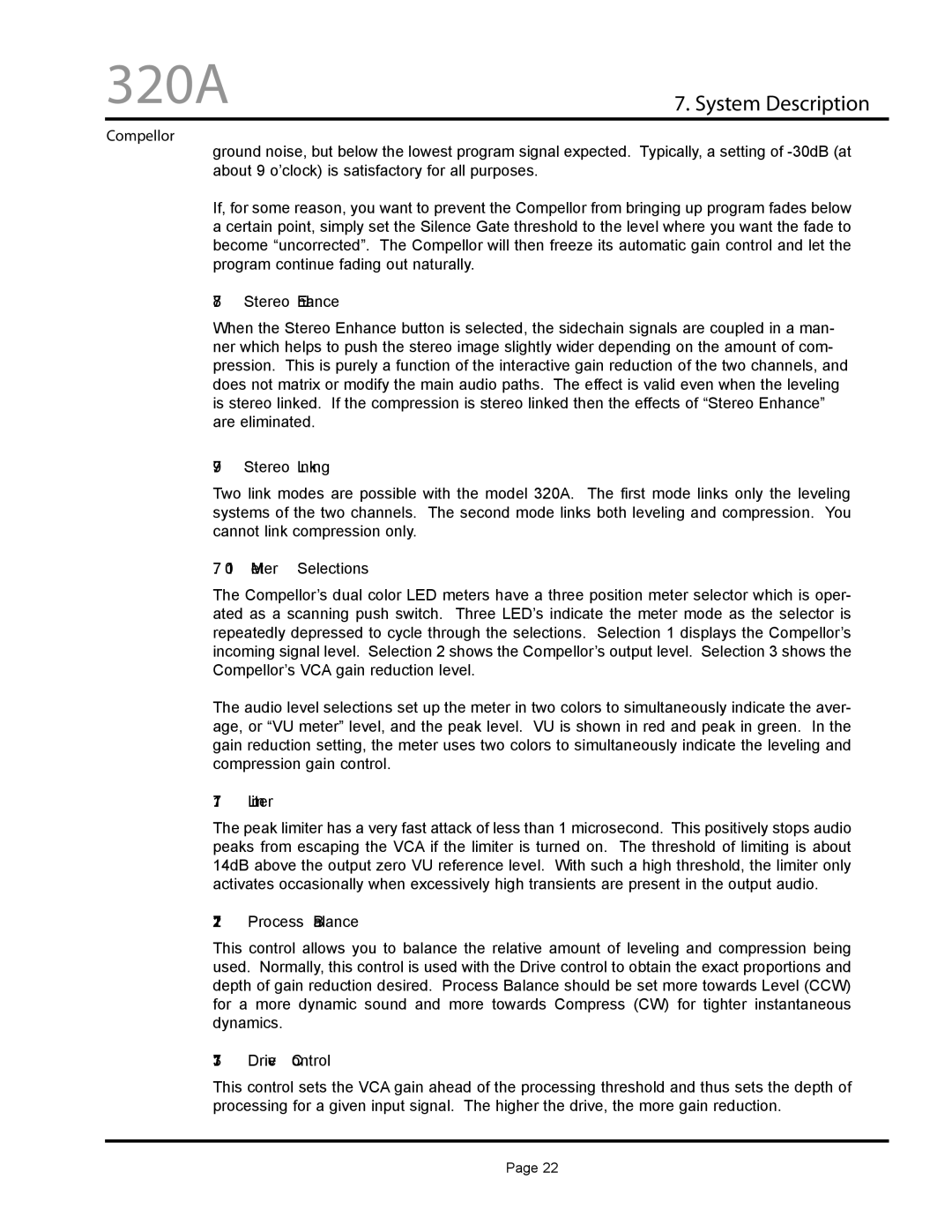 Aphex Systems 320A owner manual Stereo Enhance, Stereo Linking, Meter Selections, Limiter, Process Balance, Drive Control 