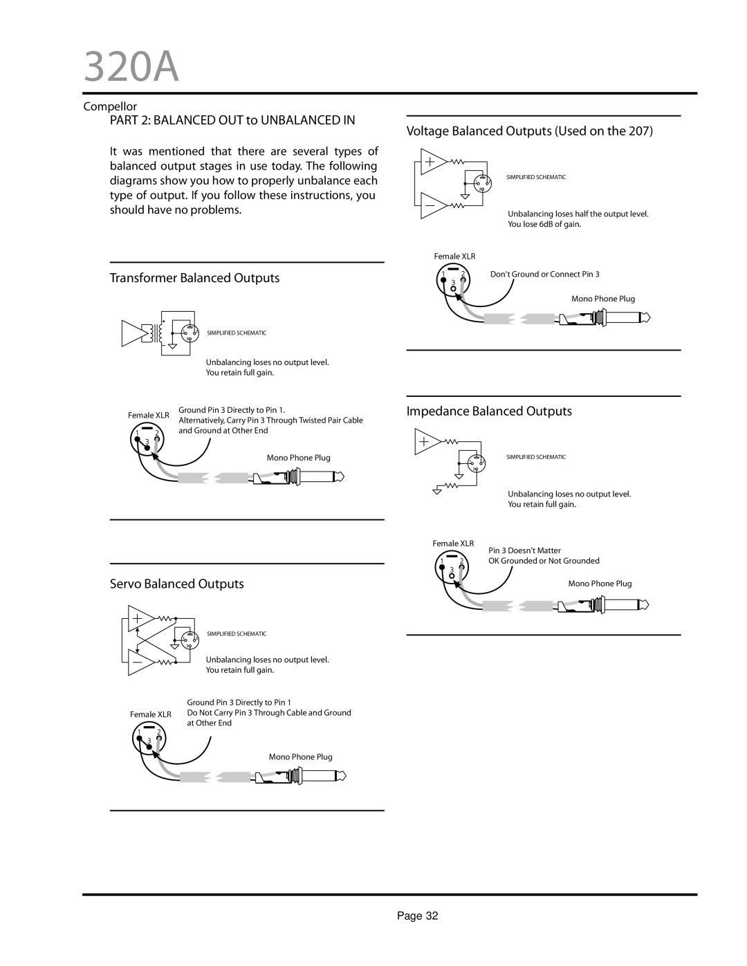 Aphex Systems 320A owner manual Impedance Balanced Outputs 