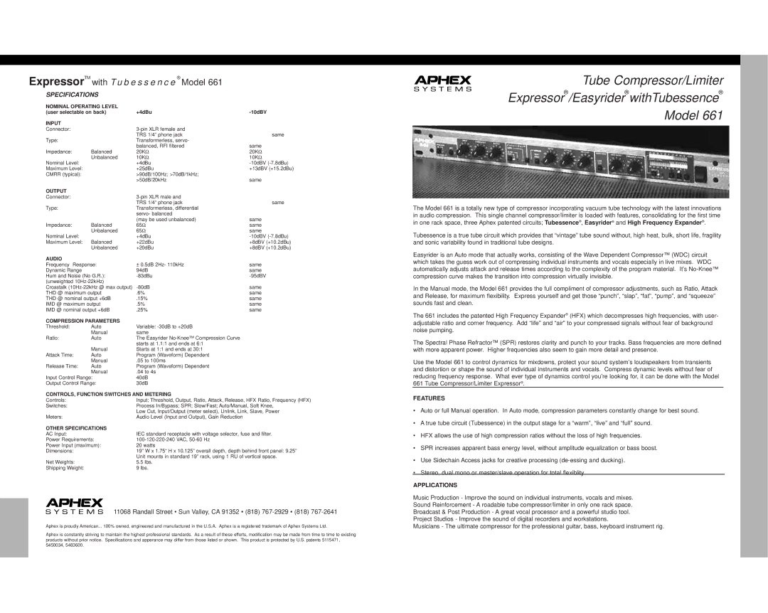 Aphex Systems 661 specifications Specifications, Features, Applications 